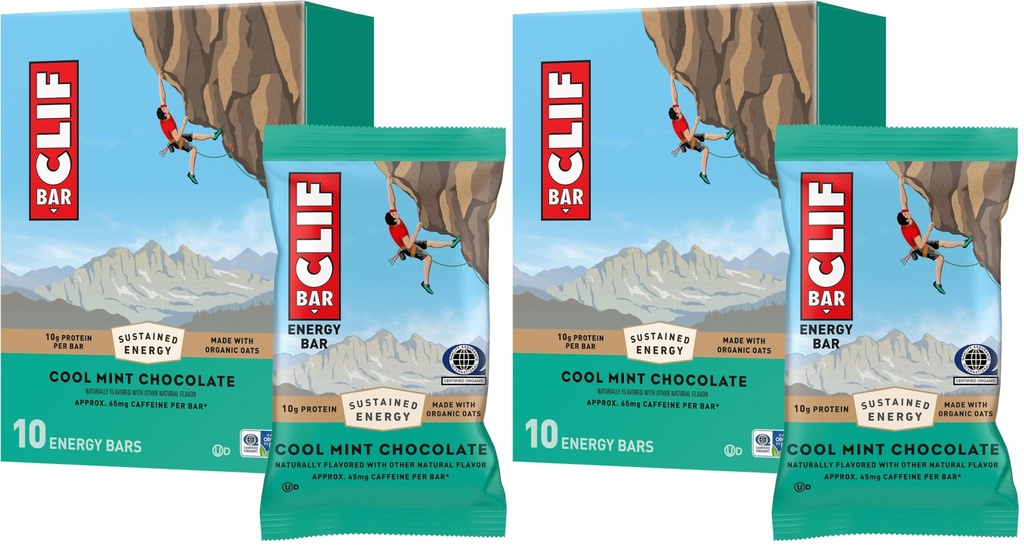 CLIF BAR - Energy Protein Bars - Cool Mint Chocolate with Caffeine - Made with Organic Oats - Energy Bars - Non-GMO -,10 Count (Pack of 2)