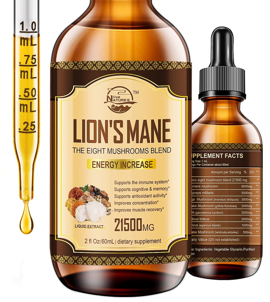 Lions Mane Supplement, Υγρές σταγόνες εκχυλίσματος μανιταριών, 8 Mushrooms Complex for Cognative Support and Immunity Boost, Μέχρι 2 Μήνες προσφοράς, Mushroom Supplement with Lion's Mane, Cordyceps, Reishi