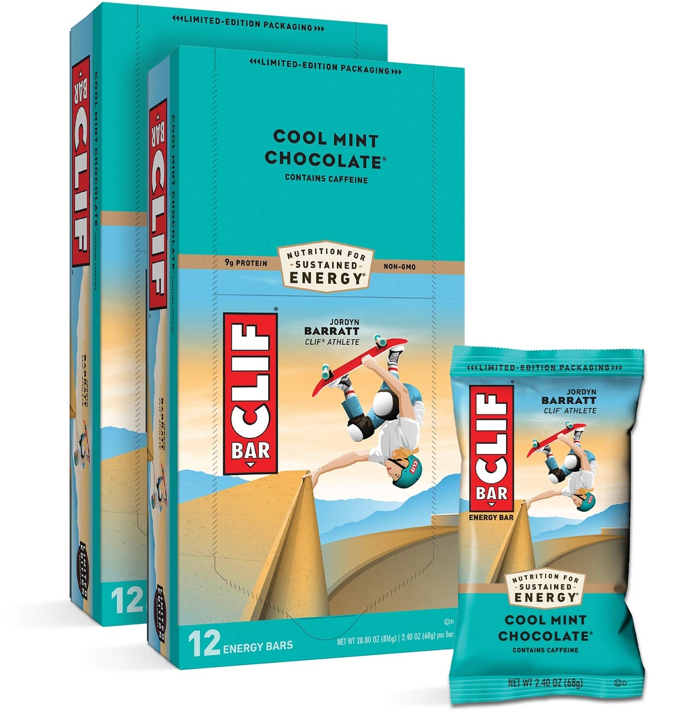 CLIF BARS - Energy Bars - Cool Mint Chocolate - With Caffeine - Made with Organic Oats - Plant Based Food - Vegetarian - Kosher (2.4 Ounce Protein Bars, 24 Count) Packaging May Vary