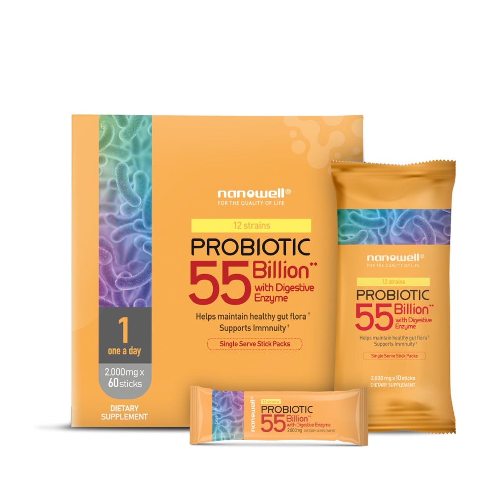 NANOWELL 12 Strains Probiotic 55 Δισεκατομμύρια CFU με Digestive Ένζυμα Σκόνης - Ανοσολογική Υποστήριξη, Υγεία των Ούρων, Προβιοτικά, Πρεβιοτικά & Μεταβιοτικά - 60 Sticks, 60 Day Supply