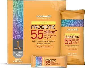 NANOWELL 12 Strains Probiotic 55 Δισεκατομμύρια CFU με Digestive Ένζυμα Σκόνης - Ανοσολογική Υποστήριξη, Υγεία των Ούρων, Προβιοτικά, Πρεβιοτικά & Μεταβιοτικά - 60 Sticks, 60 Day Supply