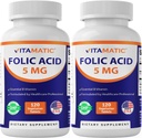 Vitamatic Folic Acid 5mg (5000 mcg) – 120 Vegetarian Tablets per Bottle | Pack of 2 (Total 240 Tablets) Vitamin B9 (Folate) | Supports Heart Health, Brain Function, and Prenatal Wellness