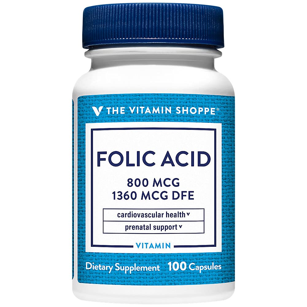 The Vitamin Shoppe Folic Acid 800MCG, Supports Prenatal Fetal (100 Capsules)