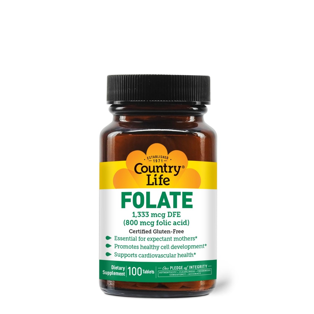 Country Life Folate 800 mcg (Folic Acid), Supports Healthy Cell Development & Heart Health, Prenatal Support for Women, 100 Tablets, Certified Gluten-Free, Vegetarian, Kosher