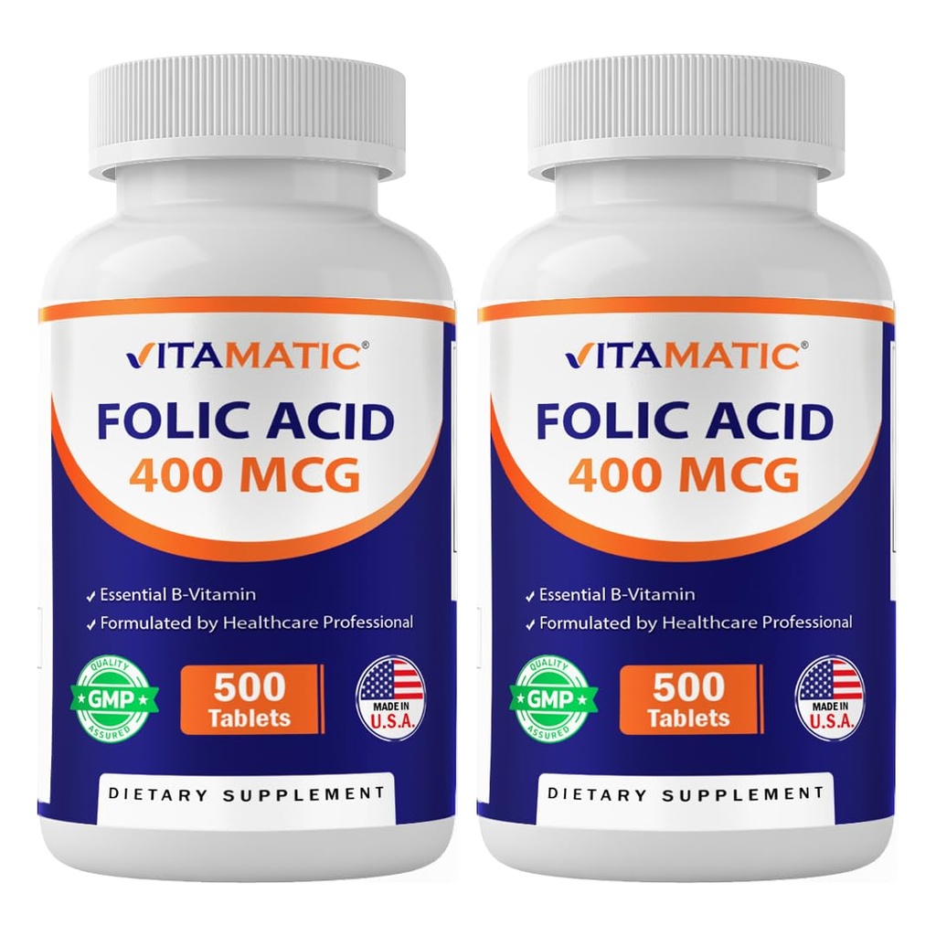 Vitamatic Folic Acid 400 mcg - 500 Vegetarian Tablets - Vitamin B9-2 Pack