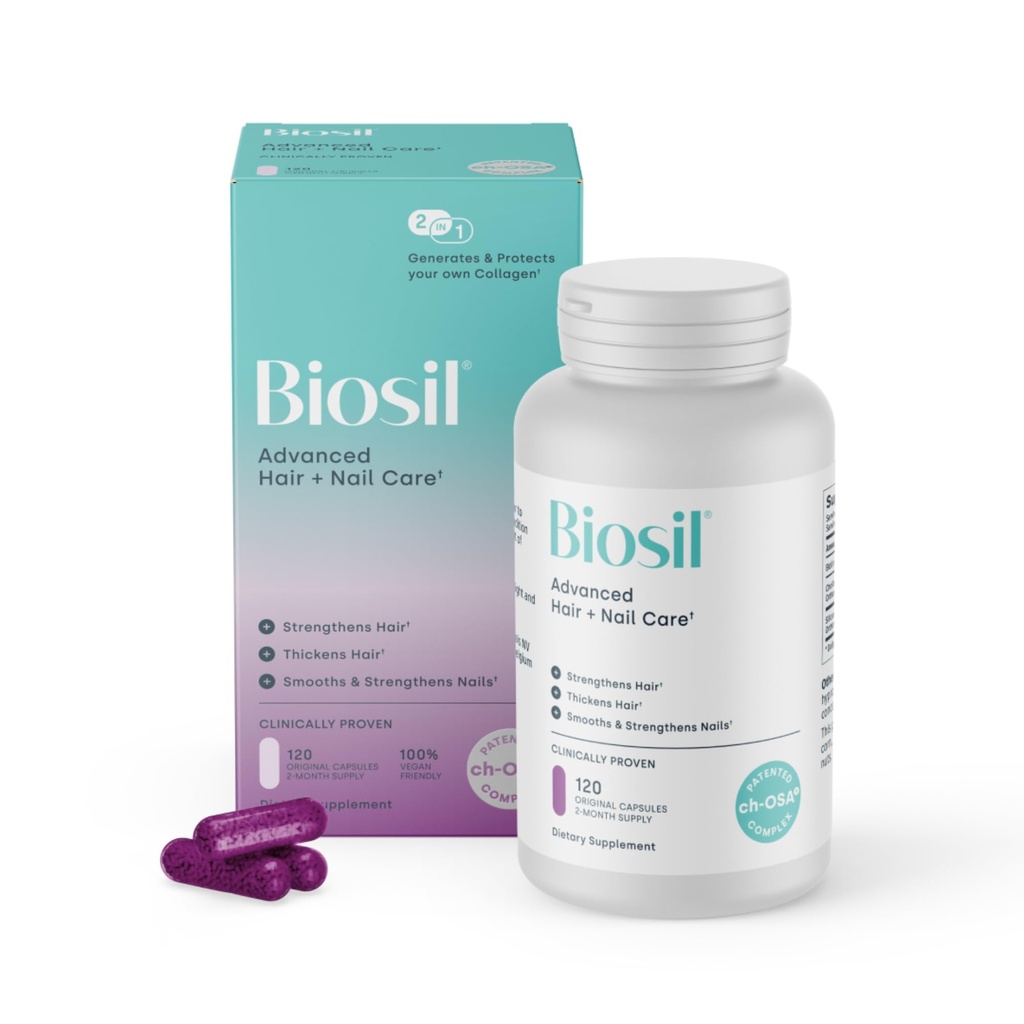 Biosil Advanced Hair + Nail Care - 120 Capsules - Grow, Strengthen & Thicken Hair and Nails - with Patented ch-OSA & Biotin - 60-Day Supply
