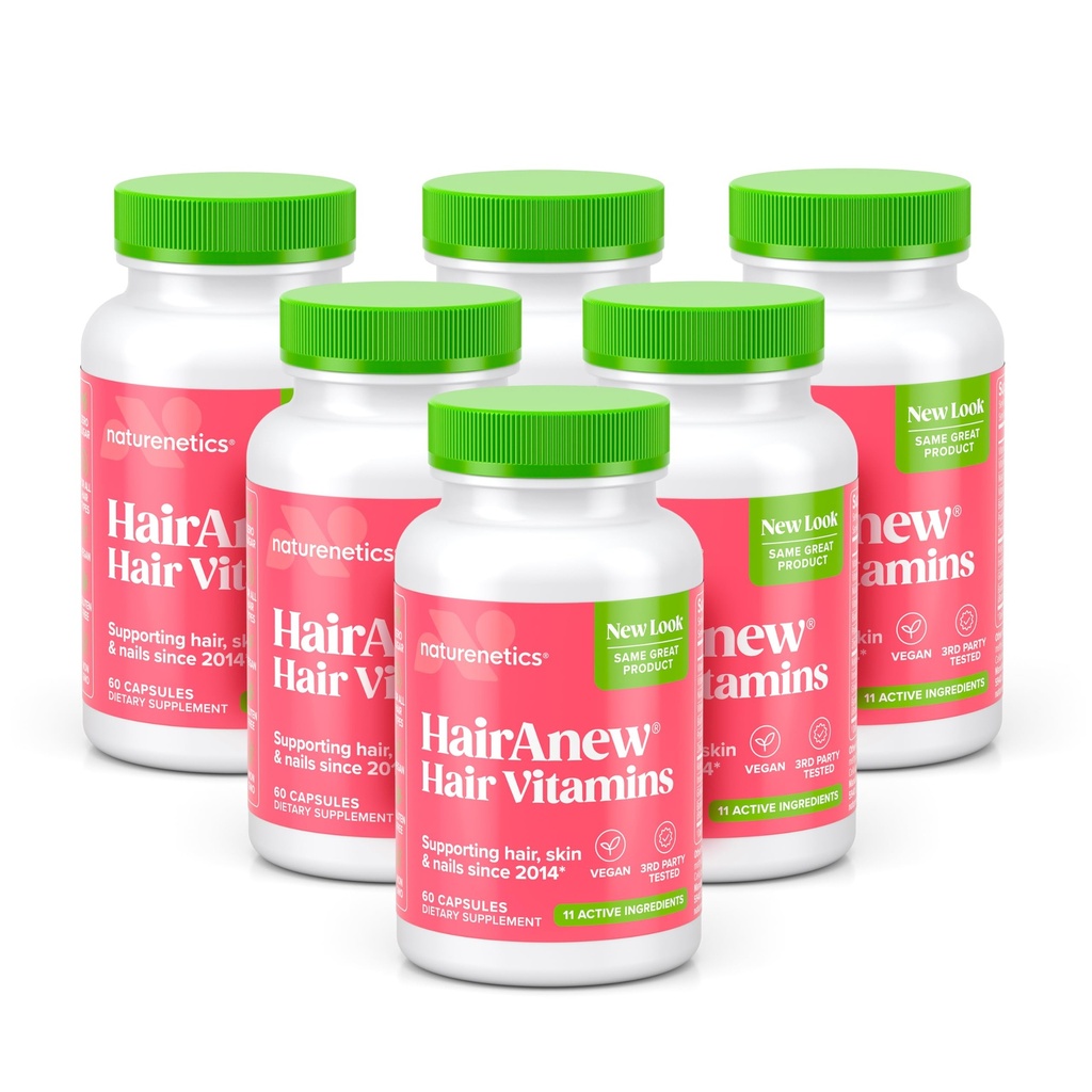 HairAnew Hair Growth Vitamins for Thicker Stronger Hair | Works for Women & Men All Hair Types | 11 Hair Vitamins & Ingredients | 5000mcg Biotin | Vegan | Independently Tested | 60 Capsules (6)