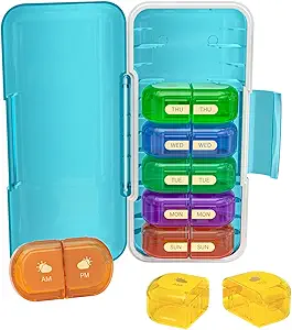 Weekly Pill Organizer 2 φορές την ημέρα, Moisture-Proof, Αποσπώμενα διαμερίσματα, AM PM Pill Box 2X 7 Day, Travel Pill Organizer για χάπια / Fish Oil / Medication / Vitamin / Συμπληρώματα (μπλε + πολύχρωμο)
