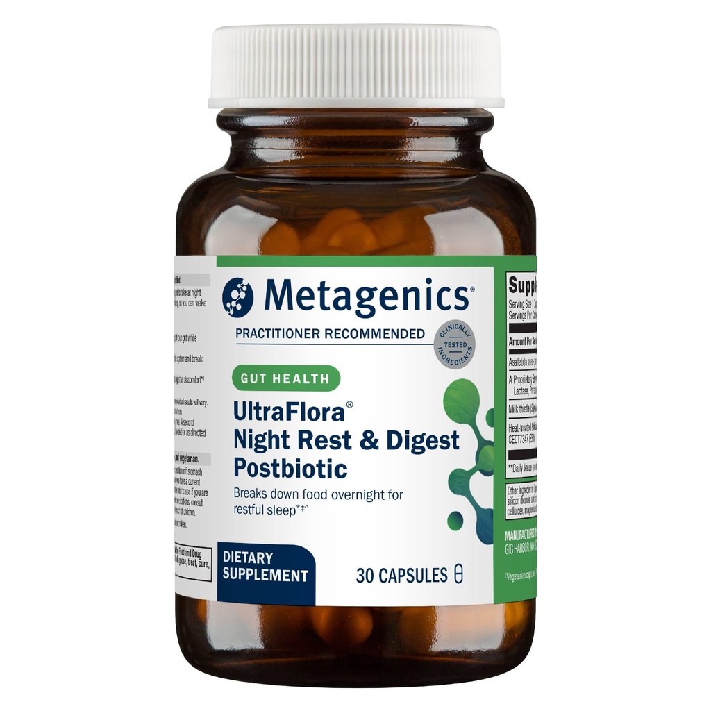 Metagenics UltraFlora Night Rest & Digest Postbiotic - Postbiotic Capsules - Digestive Enzymes & Botanical Extracts - Nighttime Formula to Support Gut-Brain Connection & Restful Sleep - 30 Capsules