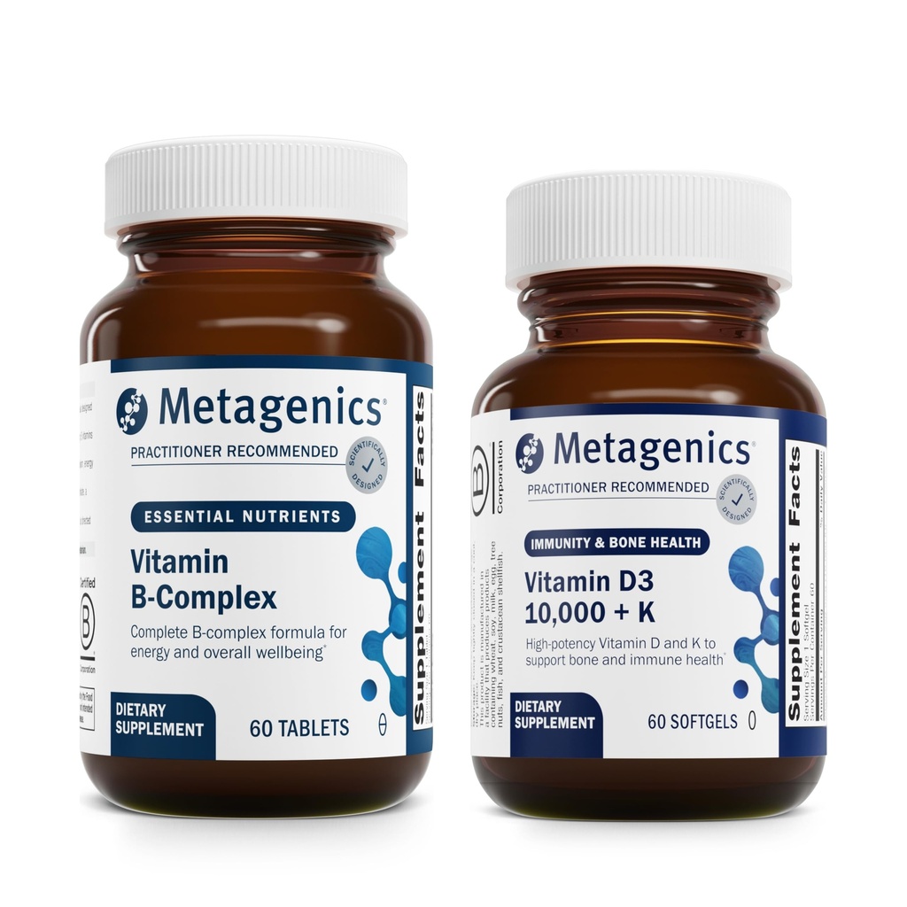 Metagenics Bundle - Glycogenics & D3 10,000 + K - 60 Count of Glycogenics for Energy & Healthy Stress Response Support - 60 Softgels of D3 10,000 + K for Immune Support, Bone Health & Heart Health