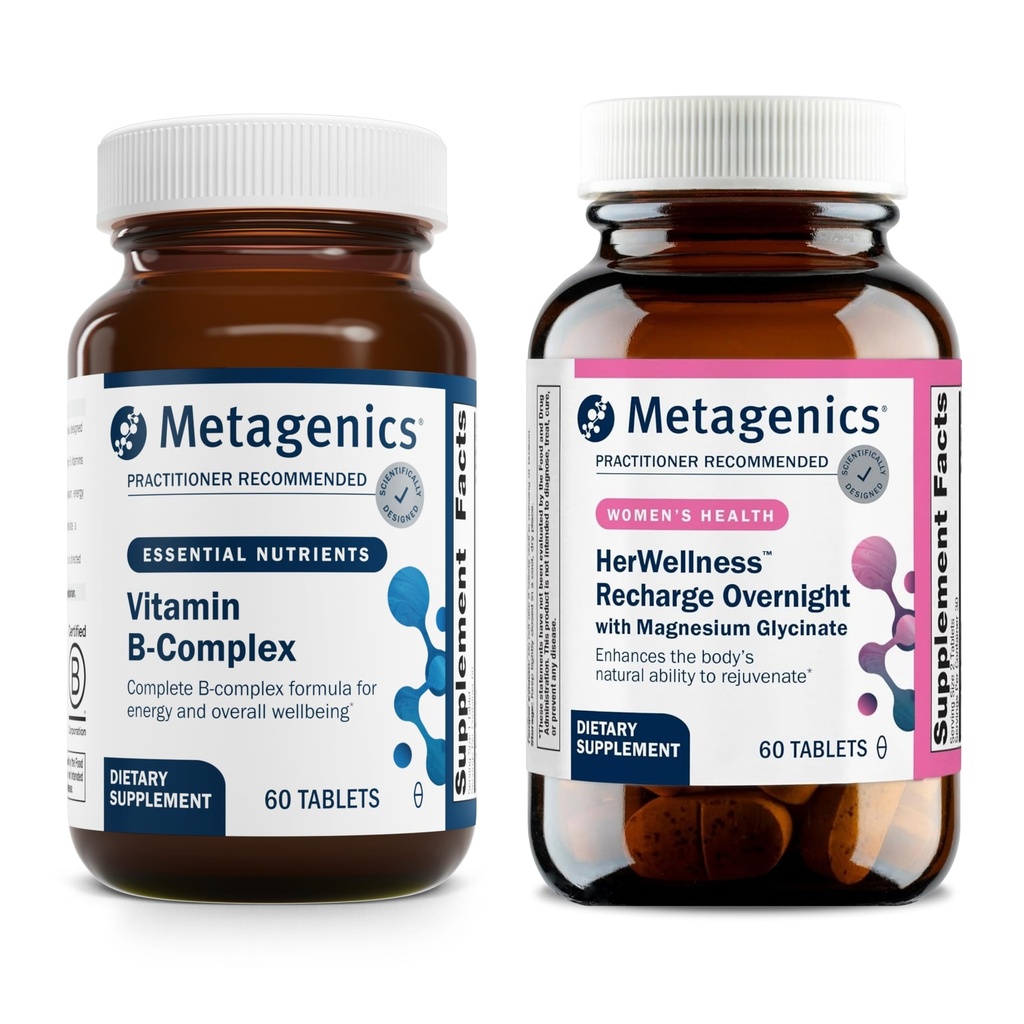 Metagenics Vitamin B-Complex + HerWellness Recharge Overnight - Energy Support & Healthy Stress Response - With Vitamin B6 & B12 - Vegetarian & Gluten-Free - 60 Tablets + Women's Sleep Support Supplem