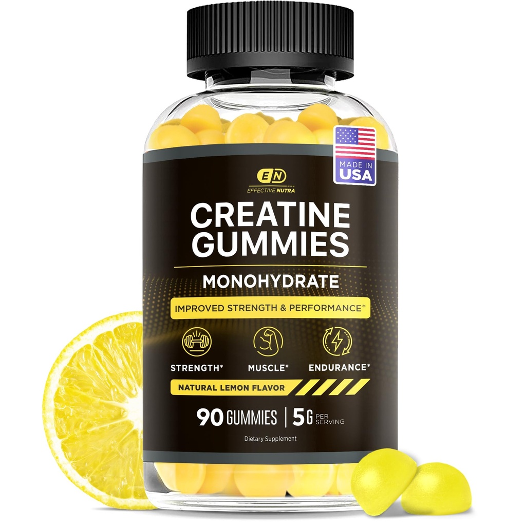 Αποτελεσματική Nutra Creatine Monohydrate Gummies - 1g Creatine per Gummy - Vegan Muscle & Strength Supplement for Men & Women - Υποστηρίζει την ανάπτυξη των μυών, την ενέργεια, την αντοχή - Λεμόνι Γεύση, Made in USA (90ct)