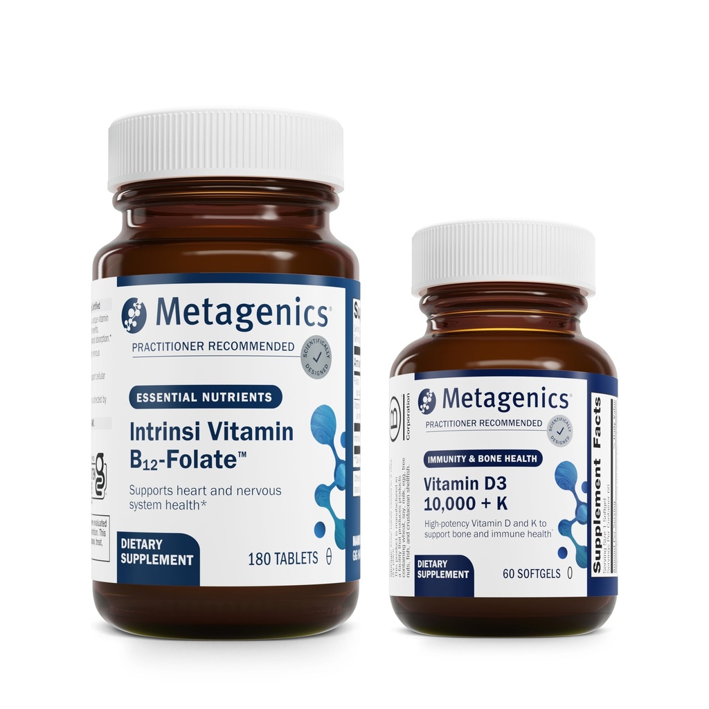 Metagenics Bundle - Intrinsi B12-Folate & D3 10,000 + K - 180 Tablets of Intrinsi B12-Folate for Nervous System, Heart Health - 60 Softgels of D3 10,000 + K for Immune Support, Bone Health