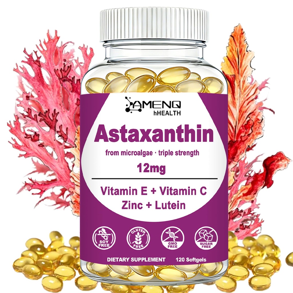 Astaxanthin Supplements 12mg Softgels - Triple Strength with Lutein, Vitamin C, E & Zinc, Antioxidant for Eye, Skin & Vision Support, Natural Microalgae Source, Non-GMO, Gluten & Soy Free, 120 Count
