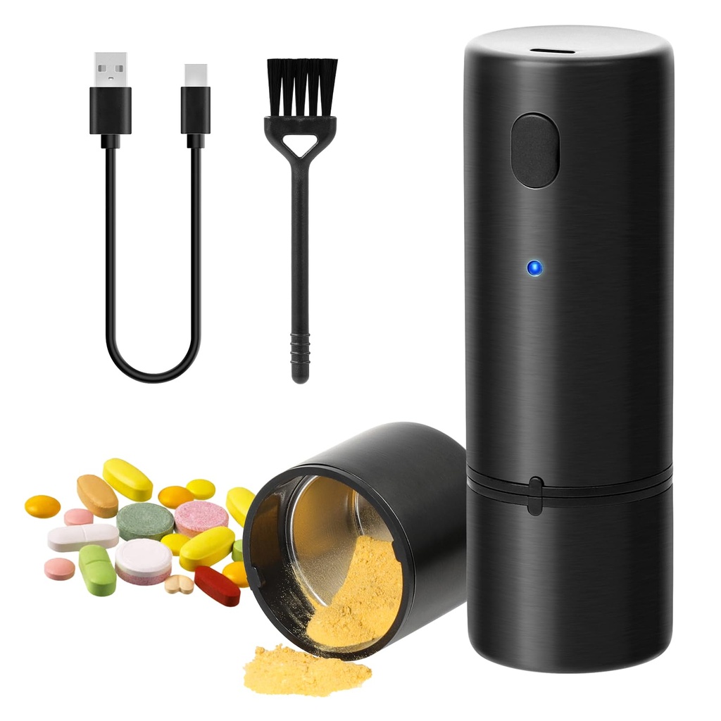 Vucchini Electric Pill Crusher Fine Powder Portable Stainless Steel Pill Grinder Pulverize Medication and Vitamin Tablets for Seniors, Pets (Black)