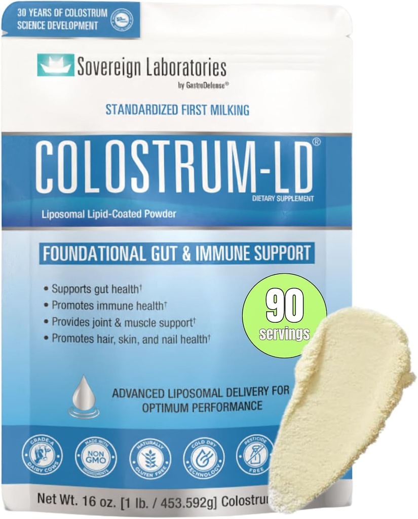 Sovereign Laboratories Colostrum-LD Liposomal Delivery - Colostrum Powder - Gluten-Free, Lactose-Reduced - 90 Servings 16oz Plain