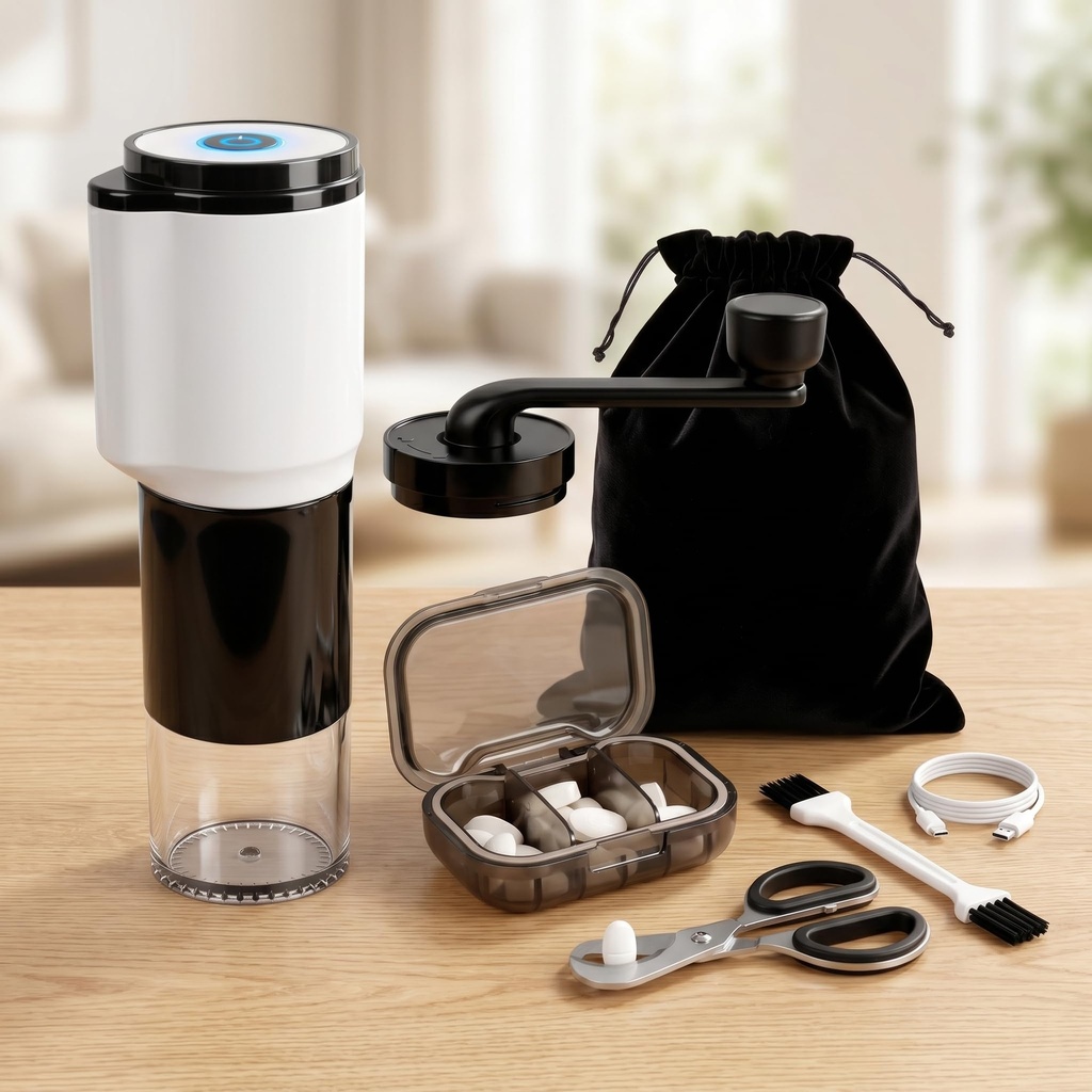 Portable Pill Crusher Grinder with Dual Electric/Manual Modes - Crushes Multiple Small & Large Pills to Fine Powder, Detachable Chamber, Easy Clean Design Ideal for Elderly for Medication,Vitamins