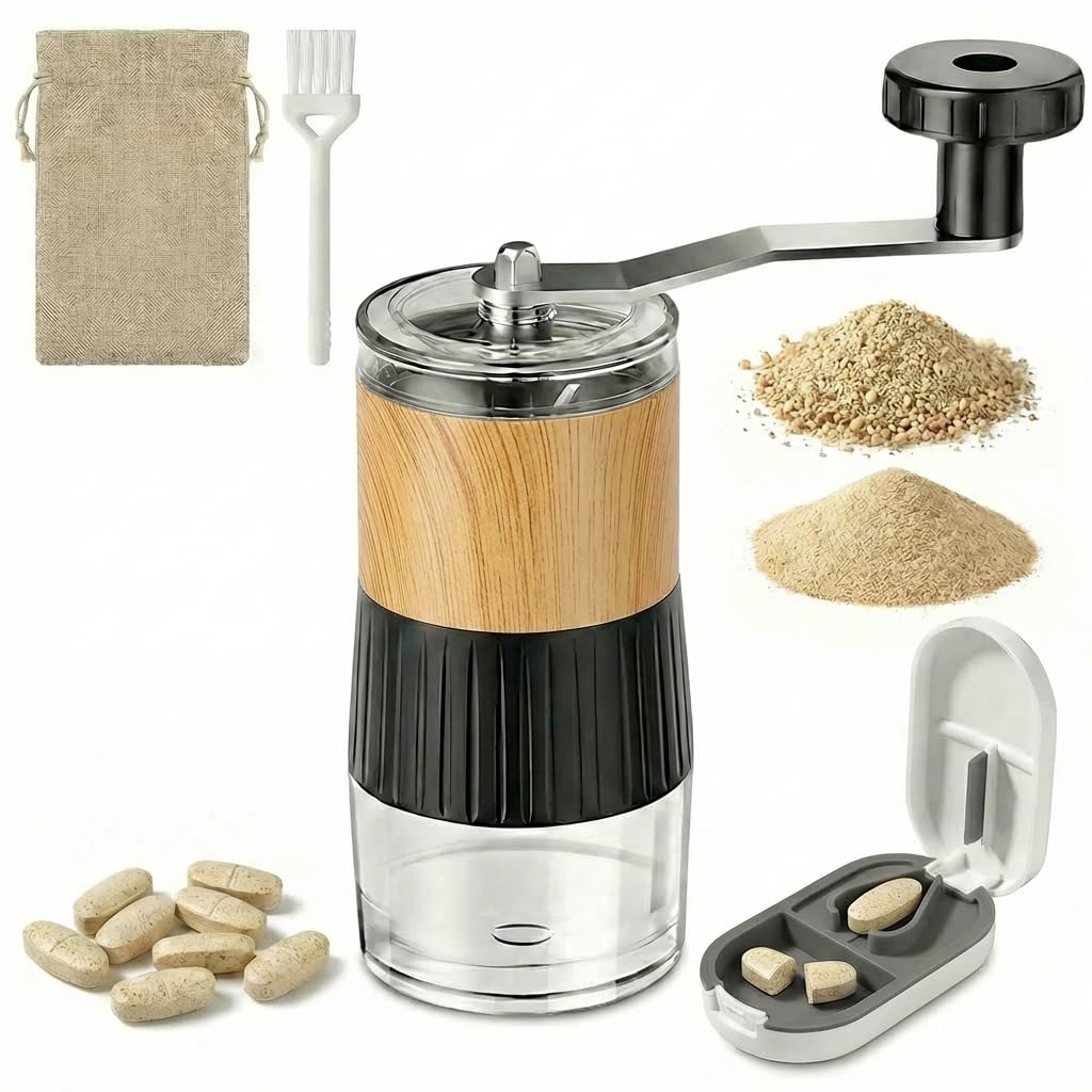 Small Portable Pill Crusher Grinder with Ergonomic Crank Handle,Grinds Pills to Fine Powder for Elderly,Crushes Multiple Small & Large Tablets & Vitamins,for Pets,Feeding Tube,Kids,Home & Travel Use