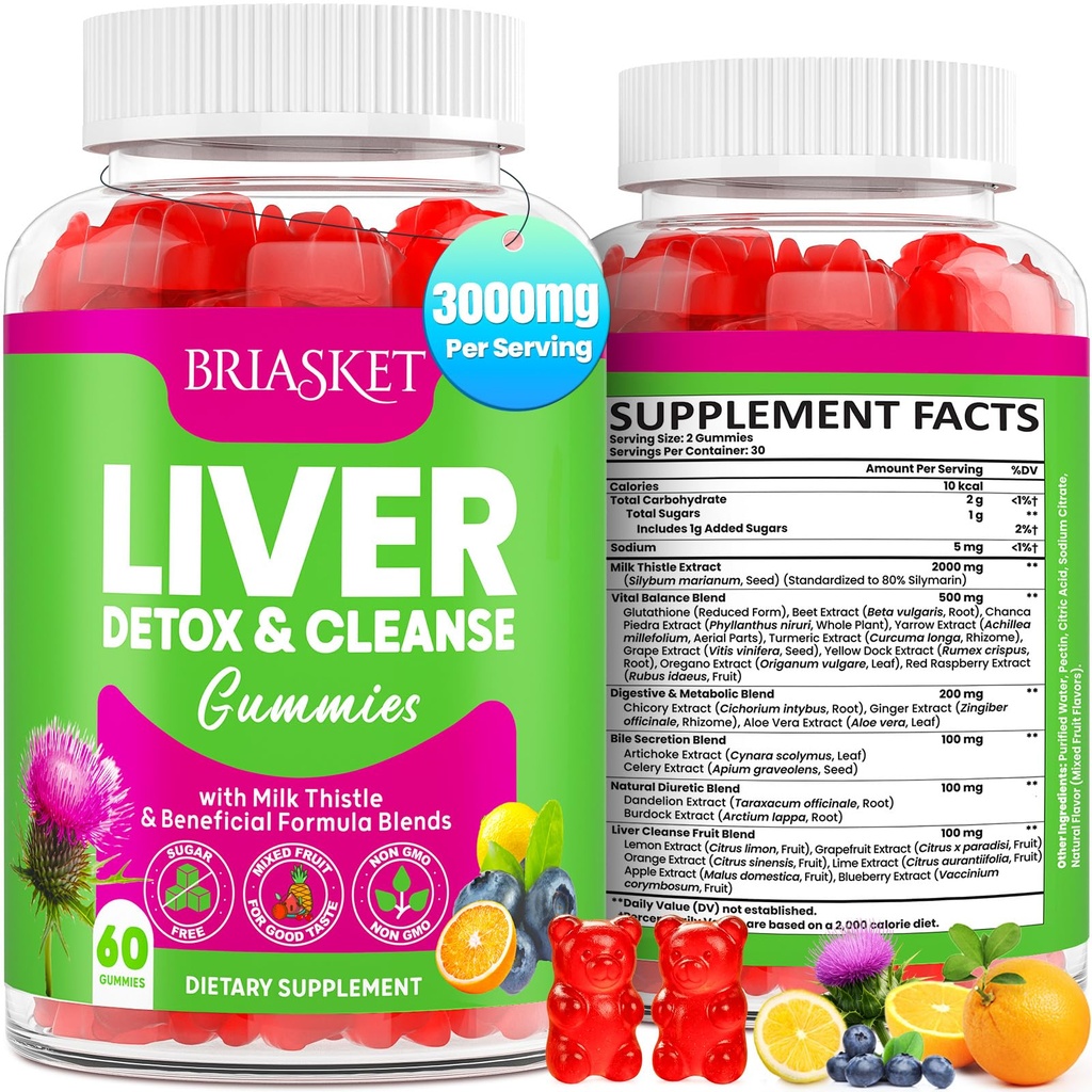 Liver Detox Cleanse & Repair Gummies, 2000 mg Milk Thistle Extract, with Dandelion, Artichoke Extract & 23 Herbs, for Liver Detox—Fruit Flavor, 60 Gummies