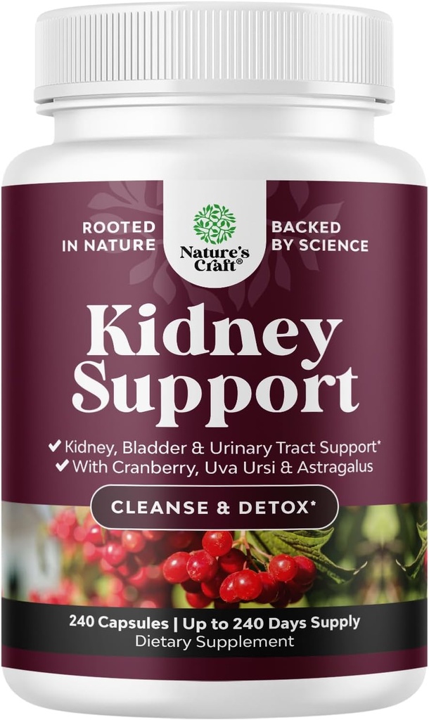 Advanced Kidney support Supplement - Kidney Cleanse Detox & Repair Cranberry Extract Κάψουλες με Uva Ursi, Stinging Nettle & Astragalus για την υγεία των νεφρών - ούρα Φυλλαδική Υγεία - 240 Caps