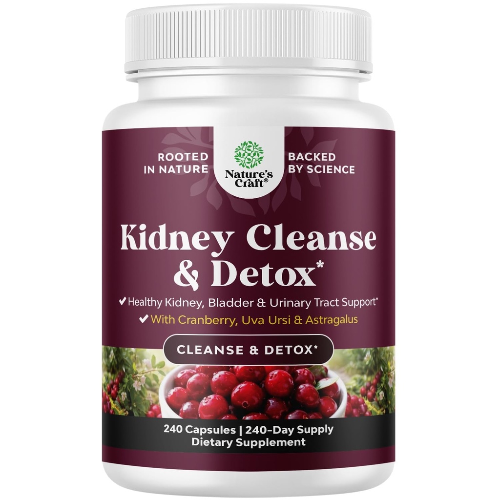 Advanced Kidney support Supplement - Kidney Cleanse Detox & Repair Cranberry Extract Κάψουλες με Uva Ursi, Stinging Nettle & Astragalus για την υγεία των νεφρών - ούρα Φυλλαδική Υγεία - 240 Caps