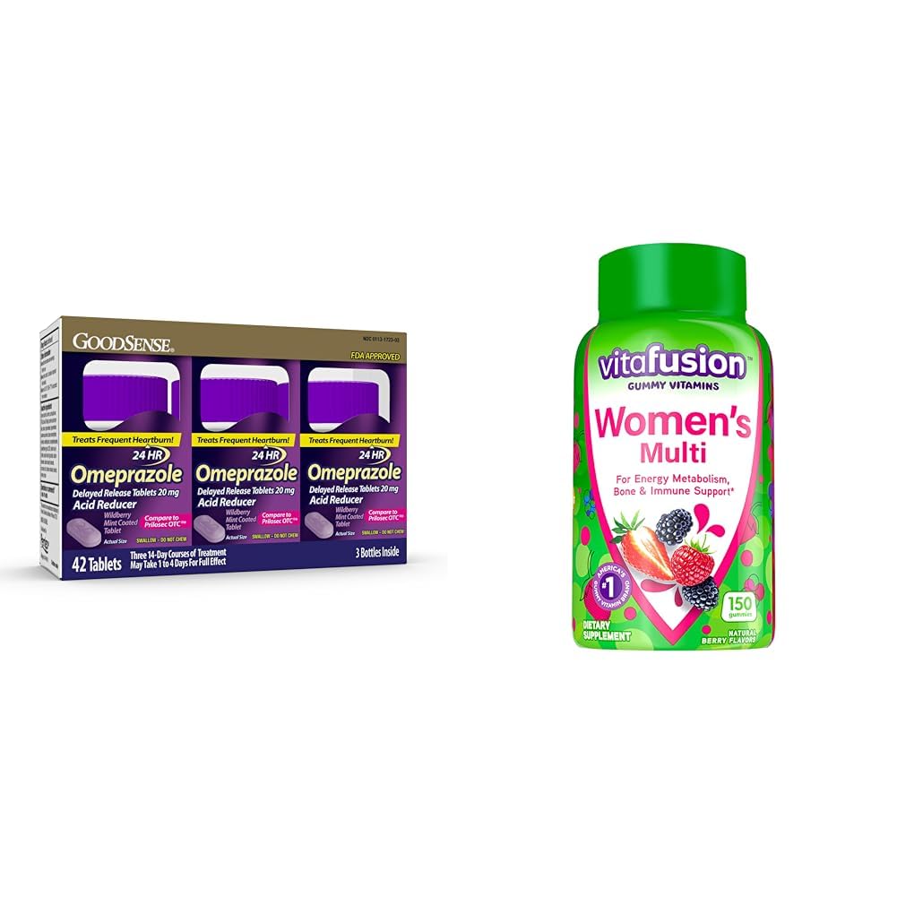 GoodSense Omeprazole 20mg Wildberry Mint Coated Tablets 42 Count and Vitafusion Women's Multivitamin Gummies Berry Flavored 150 Count