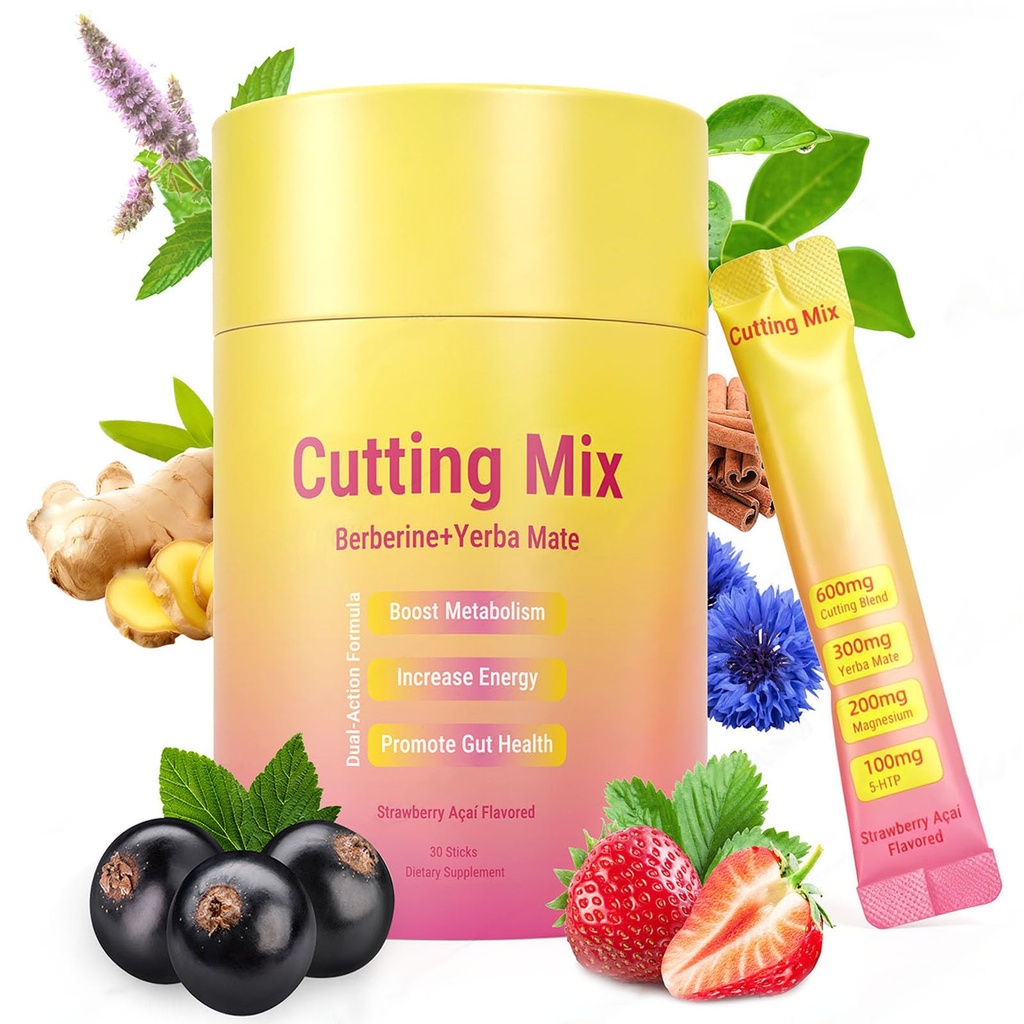 Cutting Drink Mix | Supports Satiety Signaling,Supports Energy & Gut Health with Berberine&Chromium&FOS&Yerba Mate & 5-HTP,Strawberry Açaí – 30 Sticks