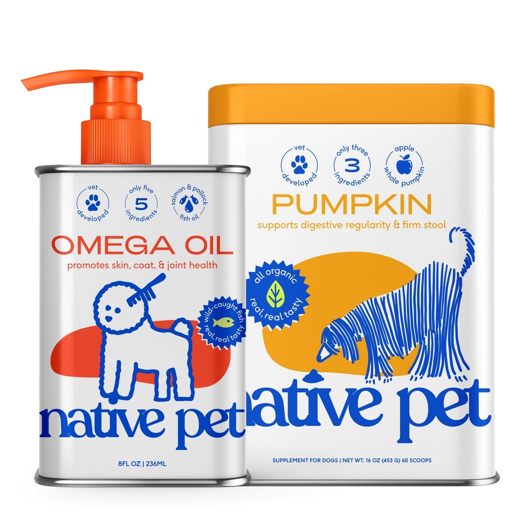 Native Pet Omega Oil for Dogs & Pumpkin for Dogs | Dog Fish Oil Supplements | All-Natural, Organic Fiber | 8 Oz. Omega Oil & 16 Oz. Pumpkin Powder