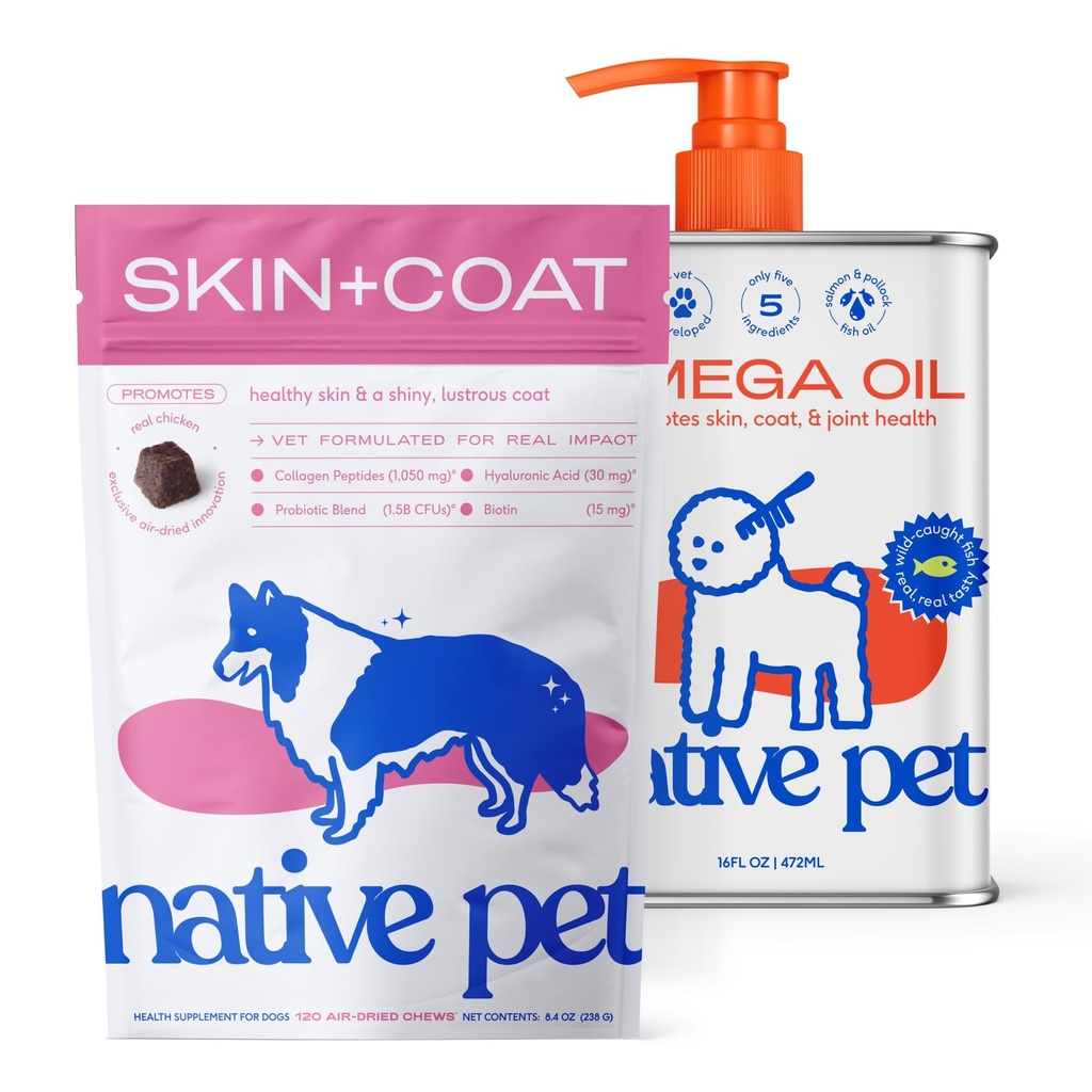 Native Pet Omega Skin and Coat Chews for Dogs (120 Air-Dried Chews) & Omega Oil for Dogs (16 Oz.) - Omega 3 Fish Oil Bundle Promotes Healthy Skin, Shiny Coat, & Strong Joints