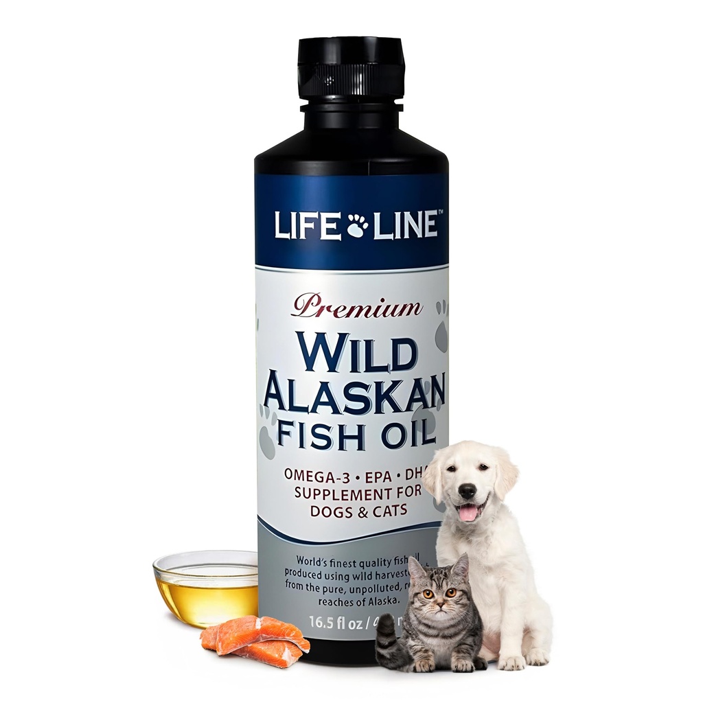 Life Line Pet Nutrition Wild Alaskan Fish Oil Omega-3 Supplement for Skin & Coat – Supports Brain, Eye & Heart Health in Dogs & Cats, 16.5oz