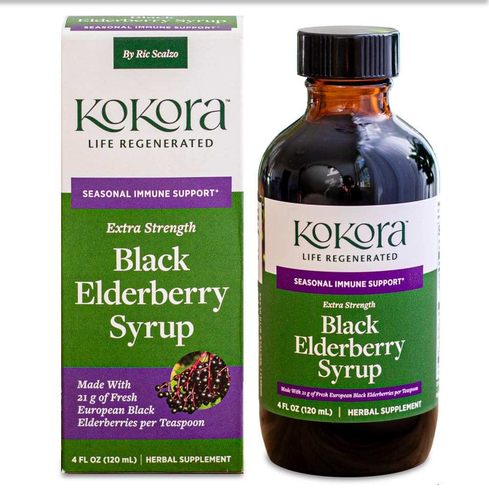 kokora Extra Strength Black Elderberry Syrup, Immune Support, Respiratory Health*, Organic Black Elderberries (Sambucus nigra) w/Aronia Berry & Buckwheat Honey, No Refined Sugar- 4 Fl Oz