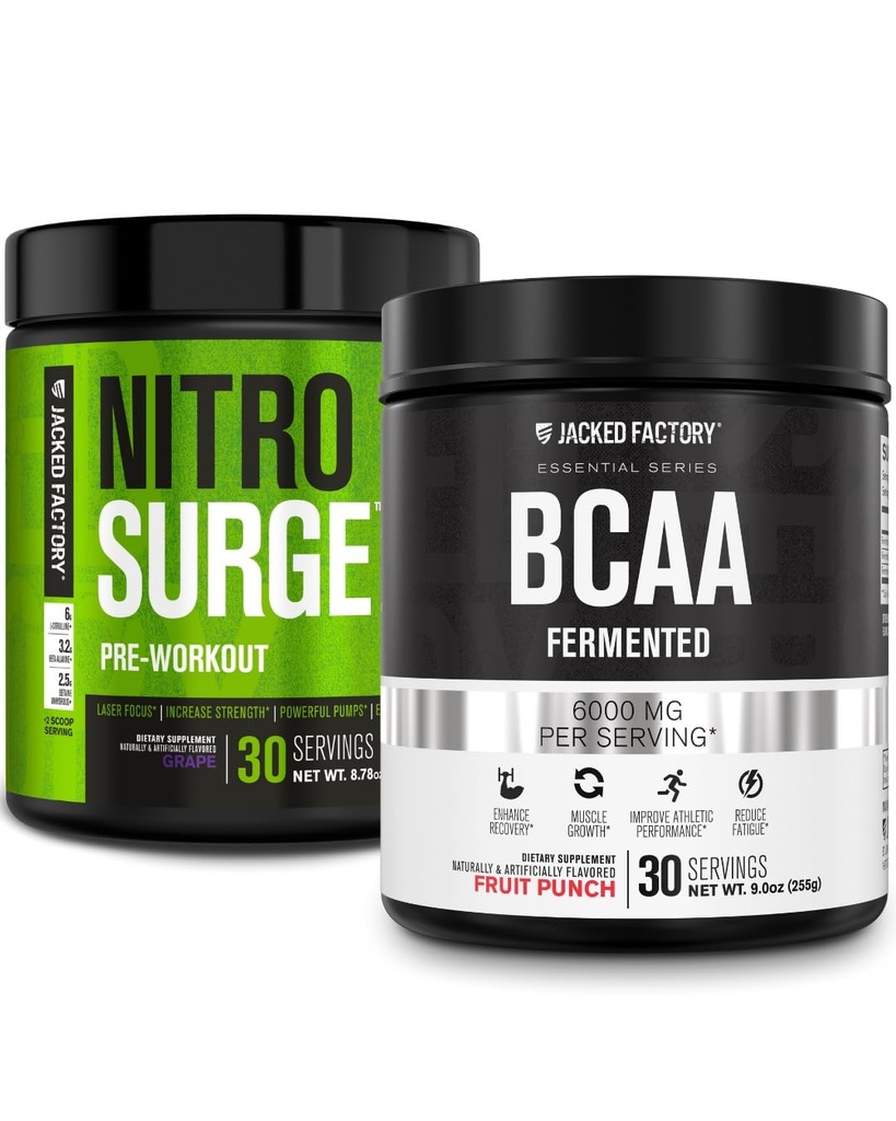 Jacked Factory Nitrosurge Pre-Workout in Grape & BCAA in Fruit Punch for Muscle Building and Recovery
