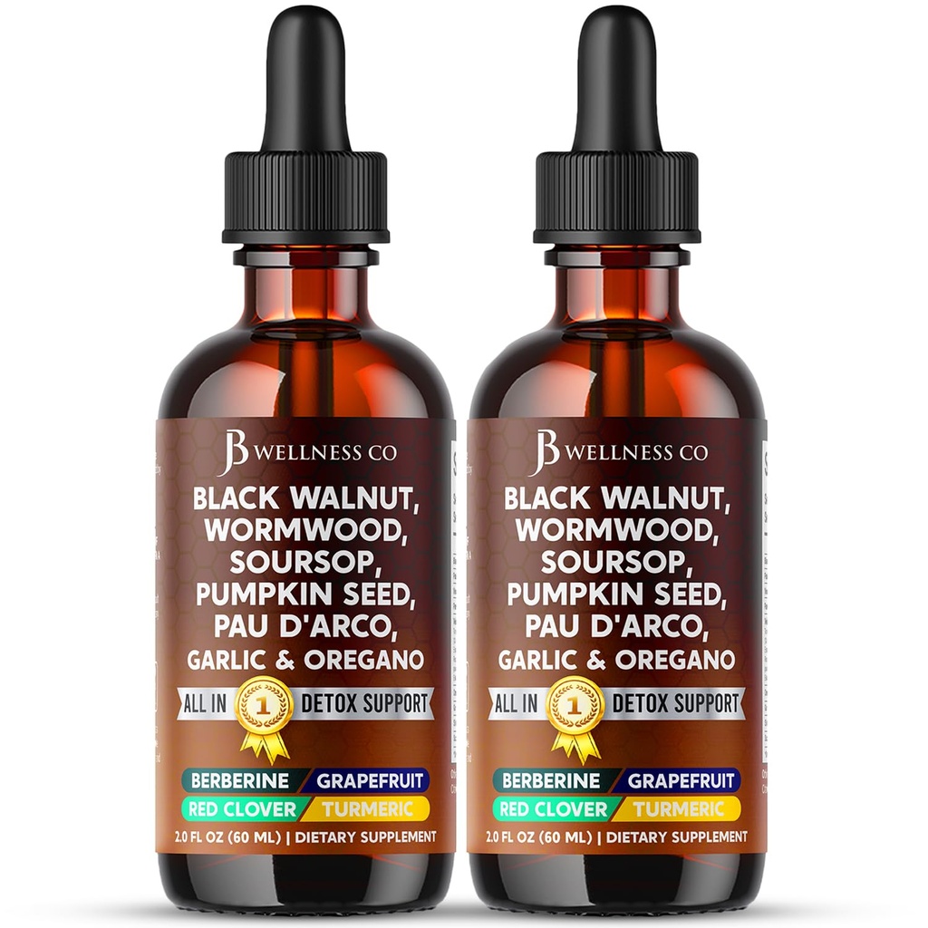 Wormwood Black Walnut Cleanse for Humans Drops Liquid Soursop Garlic Pumpkin Seed PAU D'Arco Oil of Oregano Turmeric Berberine Neem Extract Hull Bark Tincture - 4 oz