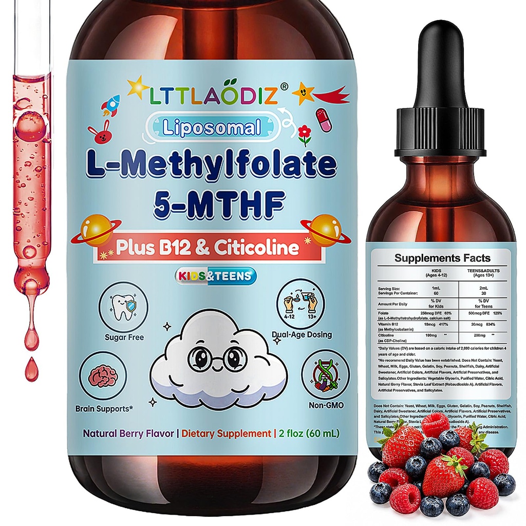 Liposomal L-Methylfolate 5-MTHF Liquid for Kids & Teens – High Absorption Methylated Folate with Citicoline & Methyl B12 – Supports Focus, Clarity & Cognitive Development – Sugar-Free Berry – 2 fl oz