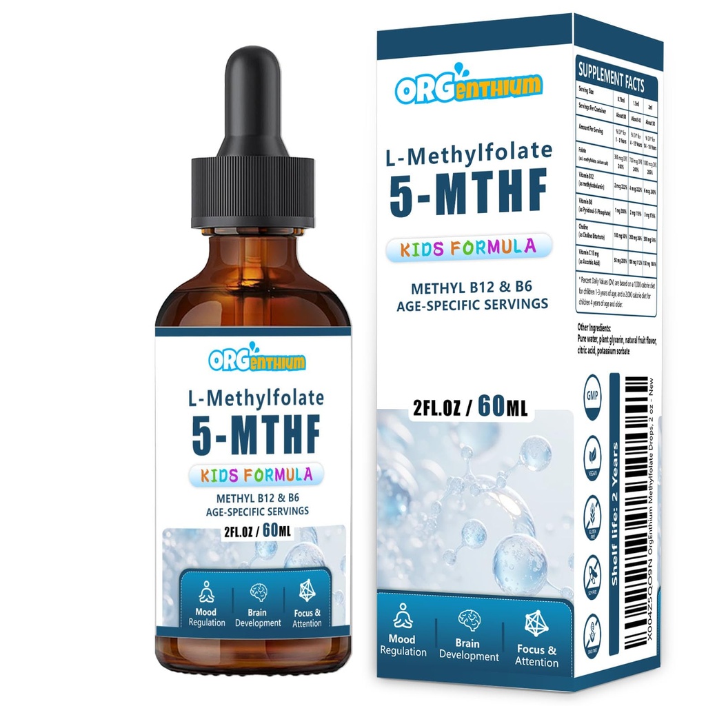 Kids L-Methylfolate B12 Drops 5-MTHF, Active Methylated B9 & B12 Supplement for Children, Supports Cognitive Brain Focus, Mood & Energy - Bioavailable Liquid Formula - Natural Flavor