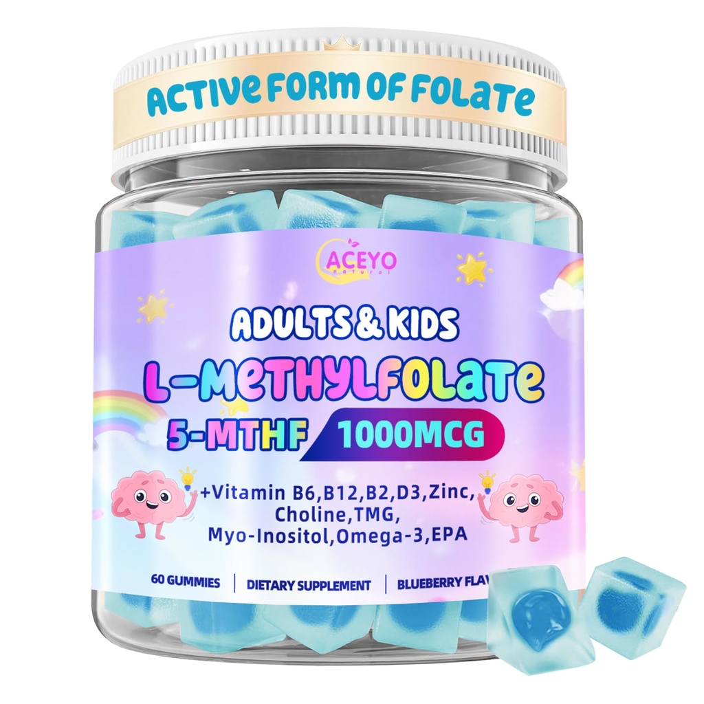 ACEYO L-Methylfolate 15mg Gummies with Methyl B12, Active 5-MTHF Supplement for Kids & Adults, Supports Homocysteine Balance, Immunity & Folate Absorption (1 Pack, 60 Count)