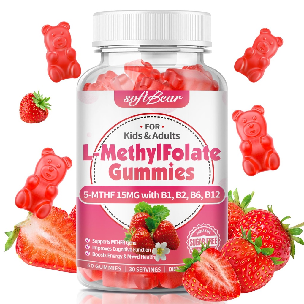 softbear L-Methylfolate 15mg Gummies for Kids & Adults, Organic Methylfolate Supplement 5-MTHF Plus Methyl B12, B1, B2, B6 Support MTHFR Gene, Cognition Function, Strawberry Flavor 60 Count