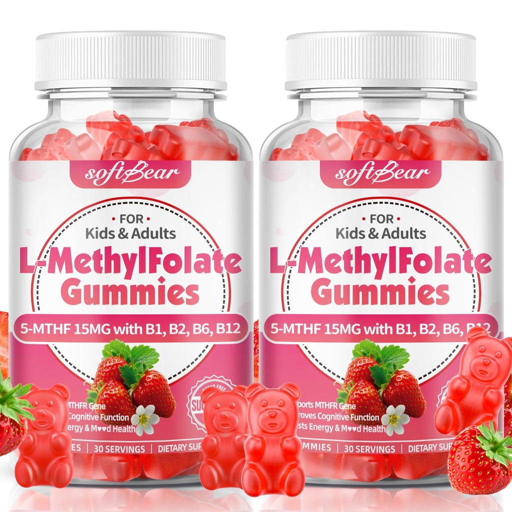 softbear L-Methylfolate Gummies 15mg for Kids & Adults, Organic Methylfolate Supplement 5-MTHF Plus Methyl B12, B1, B2, B6 Support MTHFR Gene, Cognition Function, Strawberry Flavor 120 Count