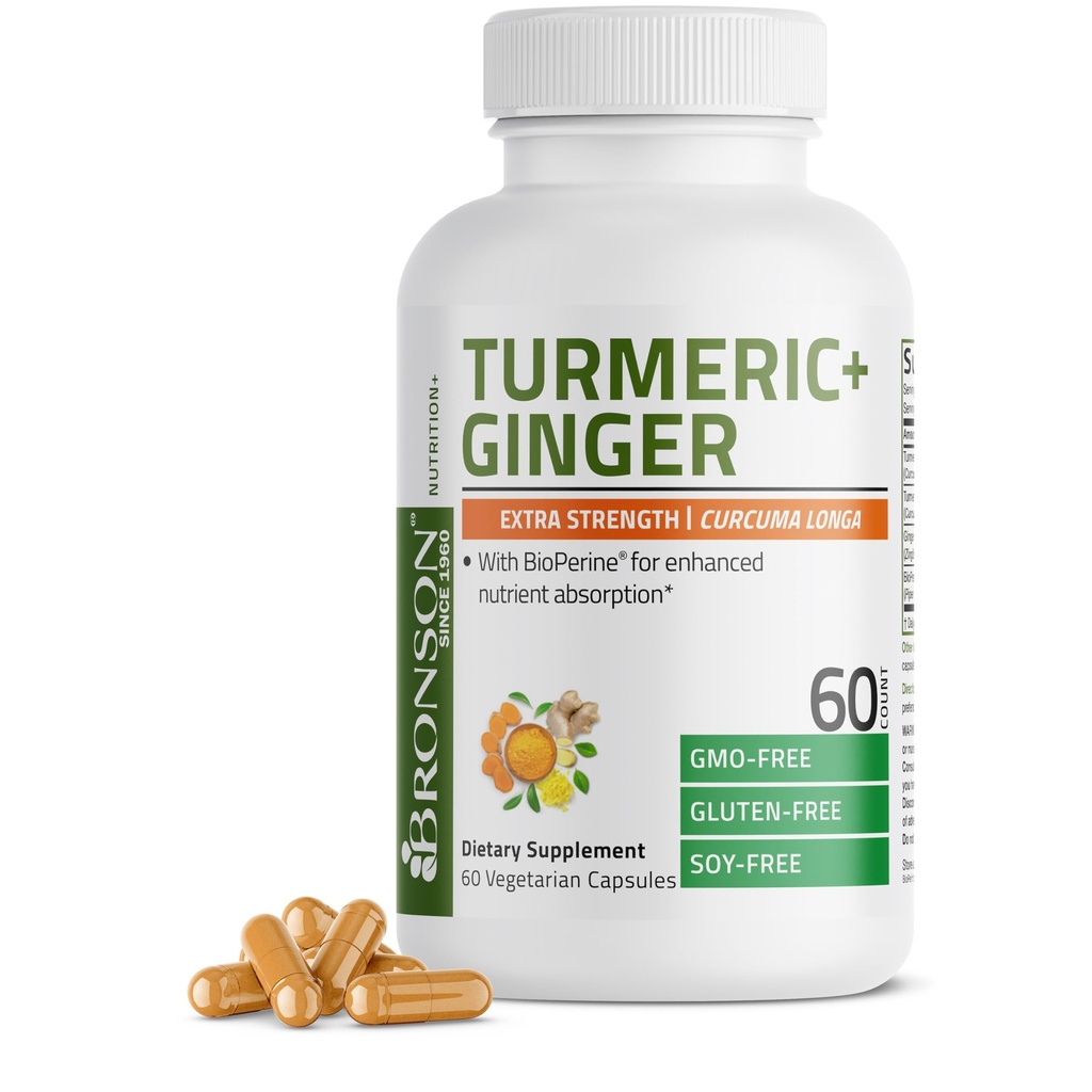 Bronson Turmeric + Ginger επιπλέον υποστήριξη κοινής υγείας & πέψης με BioPerine, μη ΓΤΟ, 60 κάψουλες χορτοφάγων