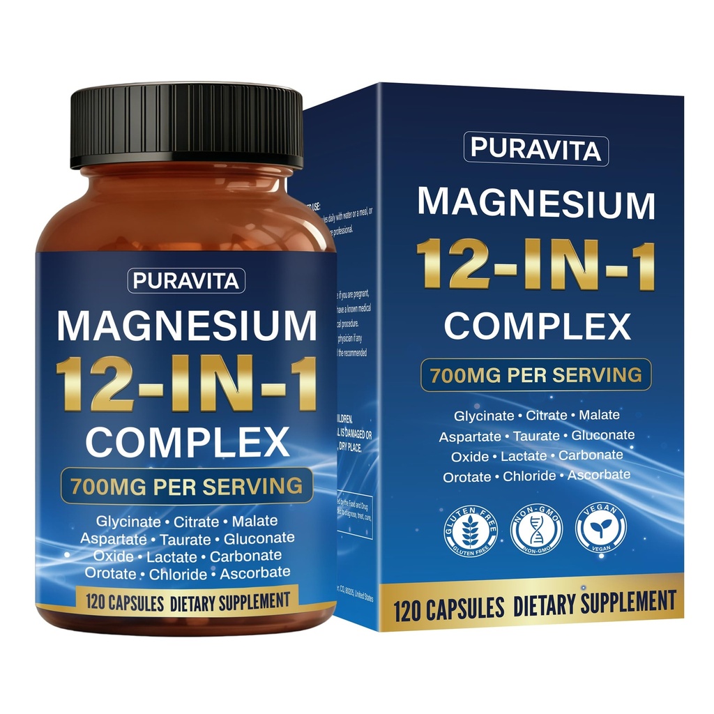 Puravita Magnesium Complex – 12-in-1 Blend for Muscle & Nerve Support, Featuring Glycinate, Citrate, Malate & Taurate | 120 Vegan Capsules