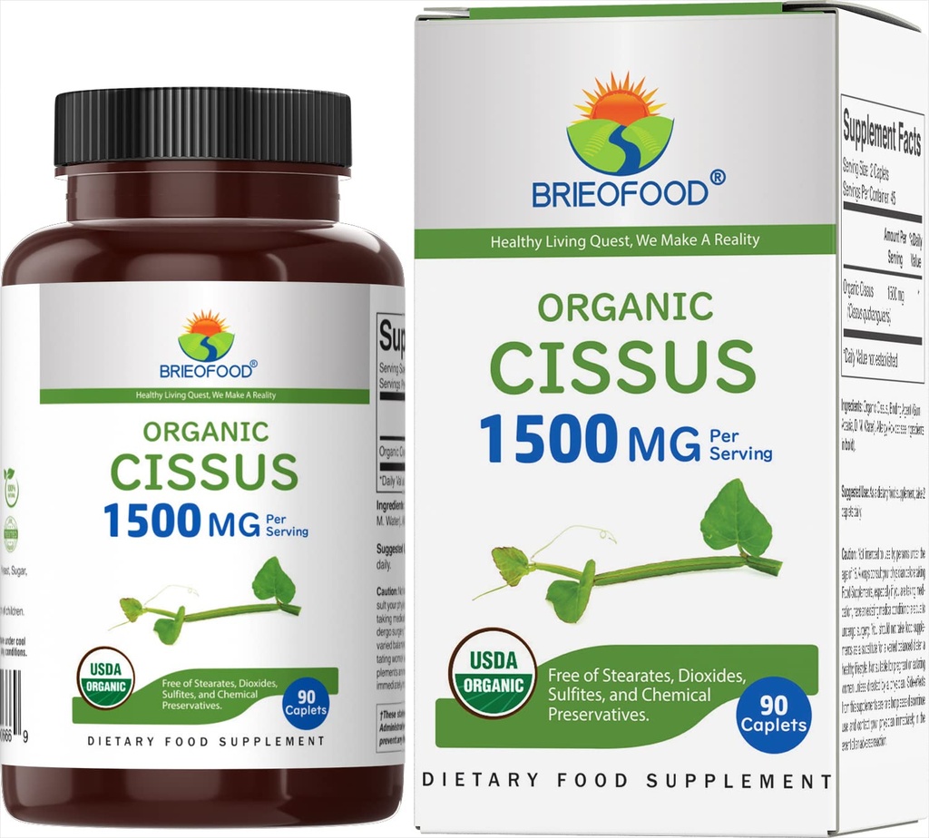 Brieofood Organic Cissus Quadrangularis 1500mg, 45 μερίδες, χορτοφαγικά, χωρίς γλουτένη, 90 χορτοφαγικά δισκία