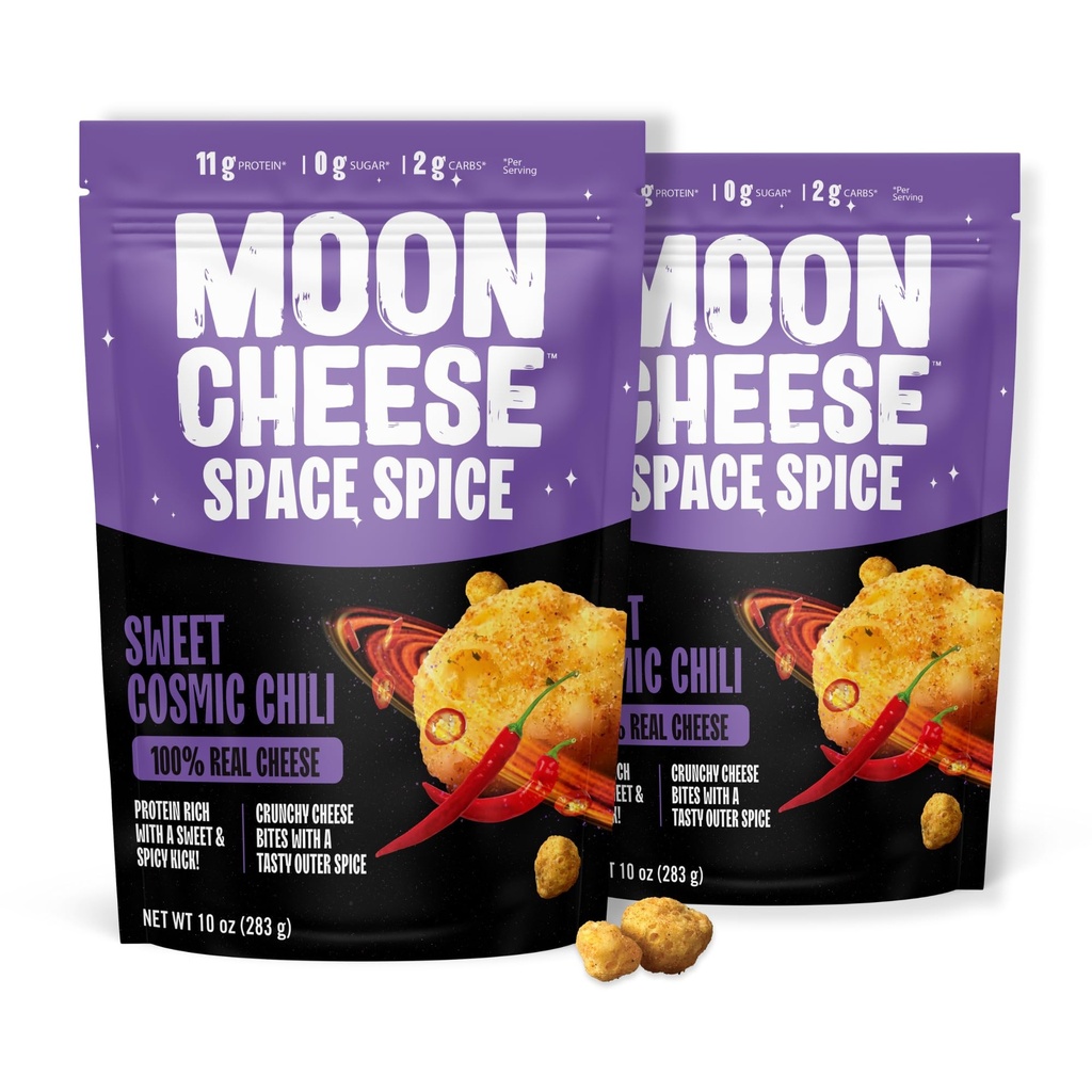 Moon Cheese Space Spice, Sweet Cosmic Chili, Crunchy, Protein-Rich Cheese Snack Chips, Keto Friendly, 100% Real Cheese, Low Carb, Gluten-Free, Low Sugar, 10 oz bags (Pack of 2)