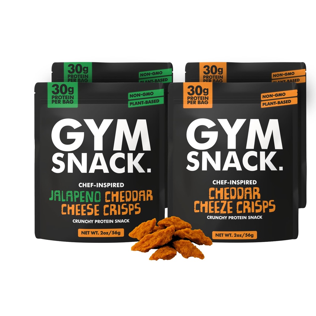 Gym Snack Protein Crisps Variety Pack – Cheddar Cheeze & Jalapeño, Crunchy High Protein Snack Chips with 30g Pea Protein per Bag, Low Carb, Vegan, Gluten Free, Keto Friendly (4 Pack, 2oz)