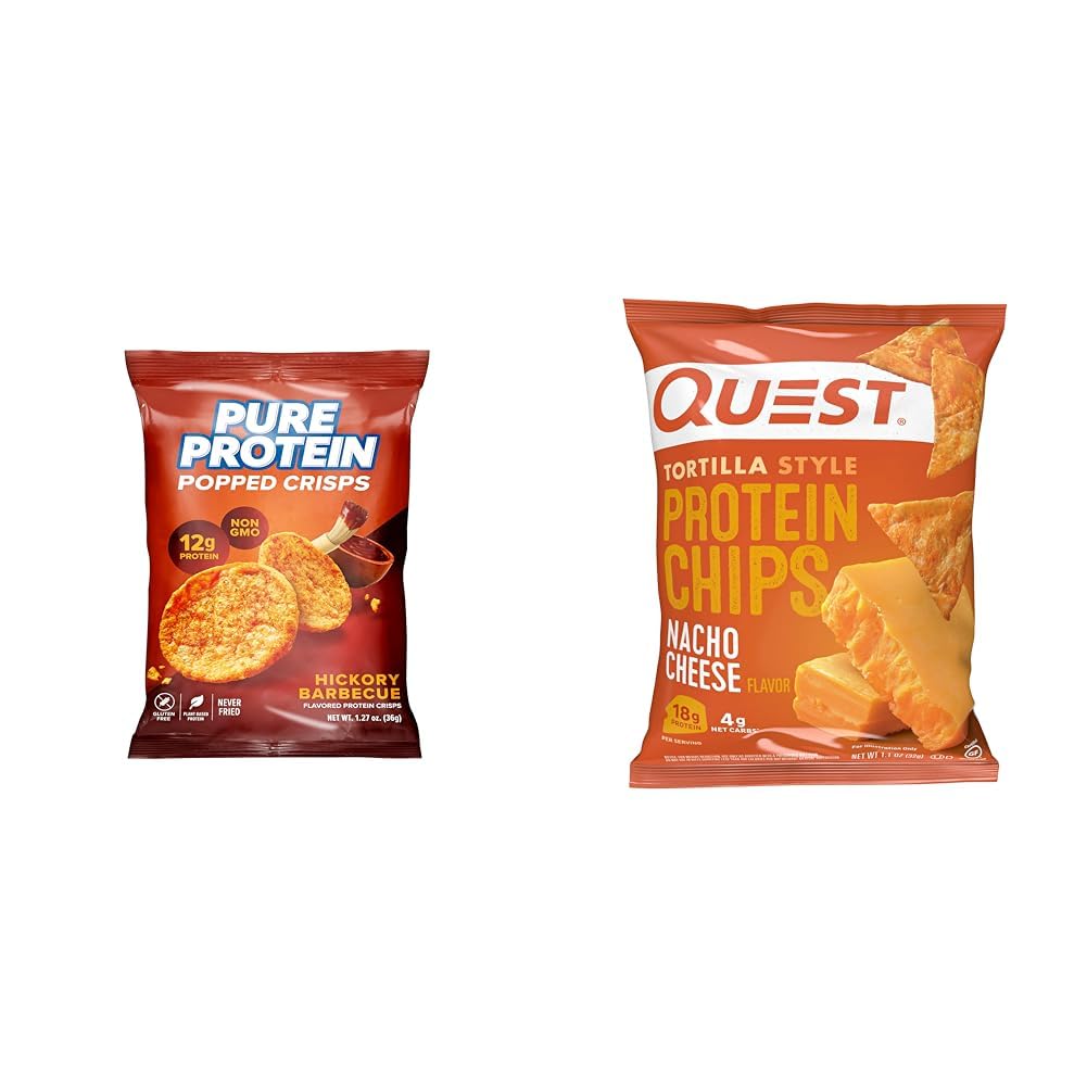 Pure Protein 12G Protein Hickory BBQ Popped Crisps 12 Count & Quest Nacho Cheese Protein Chips 18G Protein 12 Count