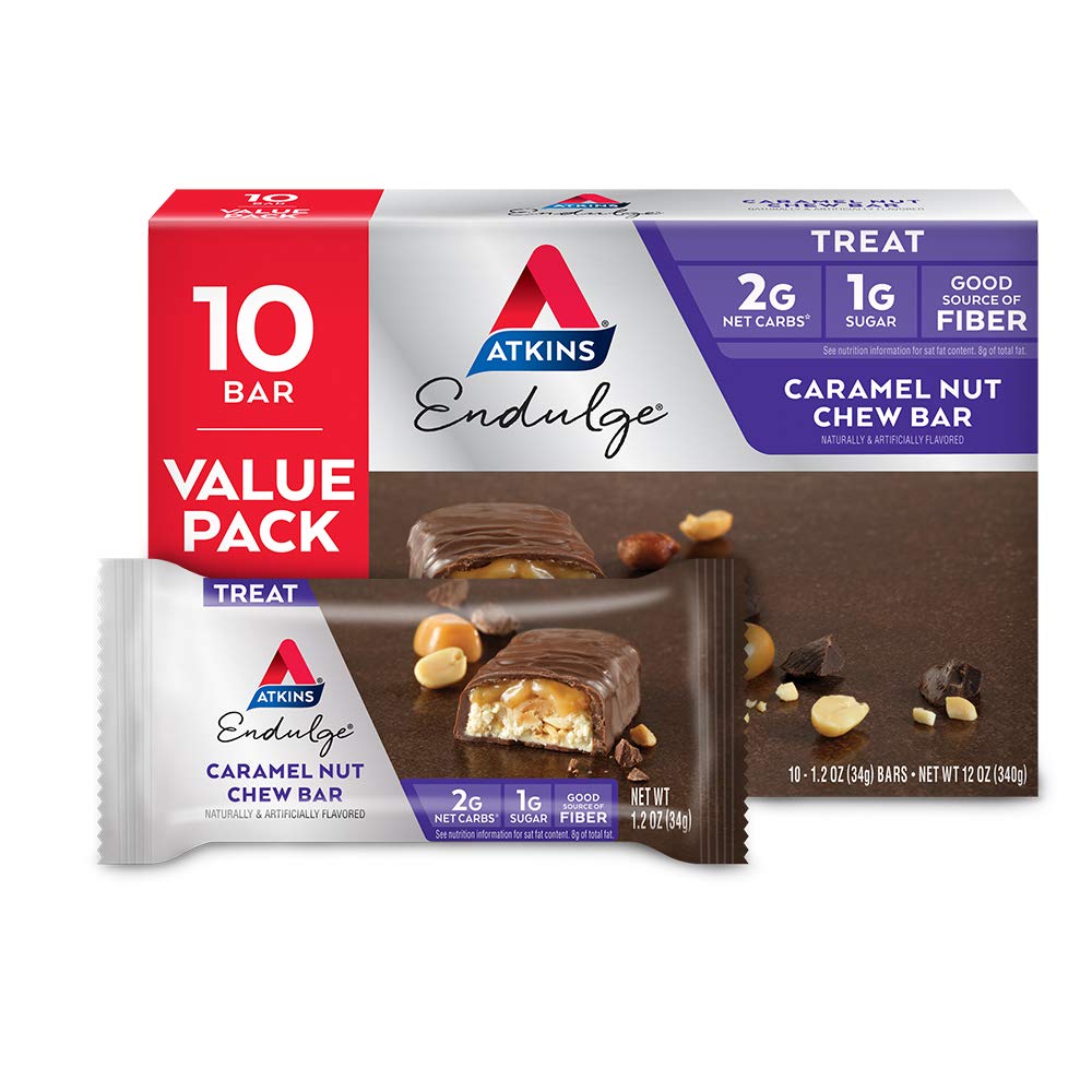 Atkins Endulge Caramel Nut Chew Bar, Low Sugar Snack, Dessert Bar, High Fiber Bar 1g Sugar, 10 Count (Pack of 6)