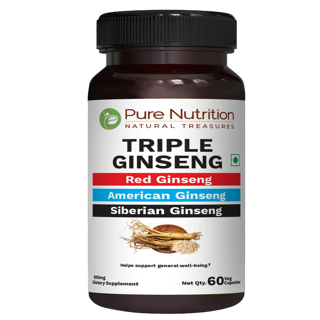 Pure Nutrition Triple Ginseng - ένας Μοναδικός και αποτελεσματικός συνδυασμός Red Ginseng, American Ginseng και Siberian Ginseng. 790mg ανά καψάκιο