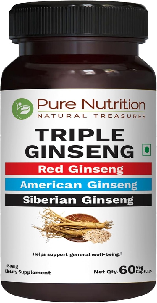 Pure Nutrition Triple Ginseng - ένας Μοναδικός και αποτελεσματικός συνδυασμός Red Ginseng, American Ginseng και Siberian Ginseng. 790mg ανά καψάκιο