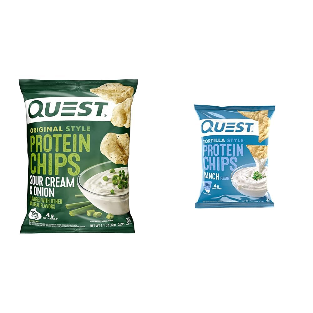 Quest Nutrition Protein Chips, Sour Cream & Onion, High Protein, Low Carb, Pack of 12 & Tortilla Style Protein Chips, Ranch, Baked, 19g Protein