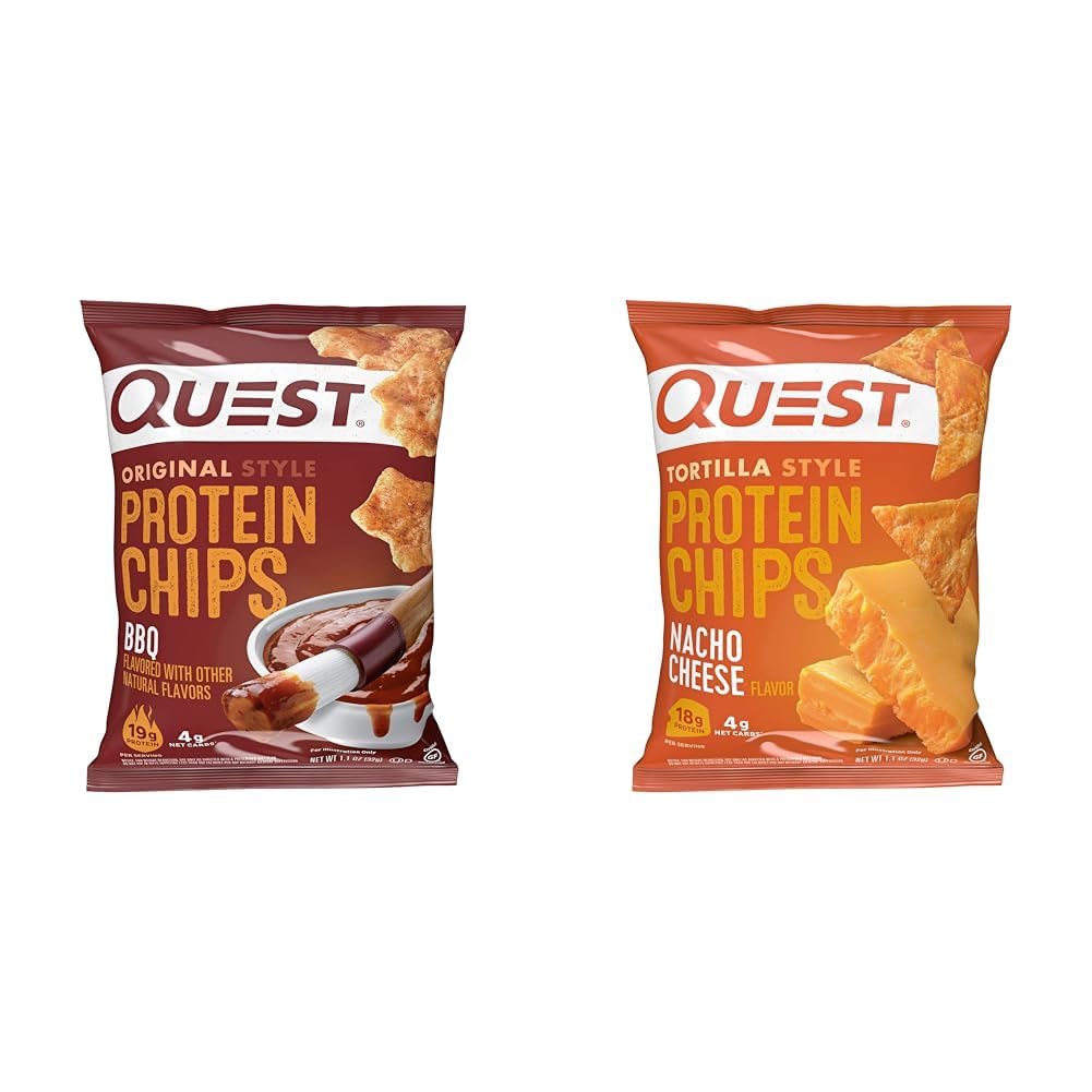 Quest Nutrition Protein Chips, BBQ, High Protein, Low Carb, 1.1 Ounce (Pack of 12) & Tortilla Style Protein Chips, Low Carb, Nacho Cheese 1.1 Ounce (Pack of 12)