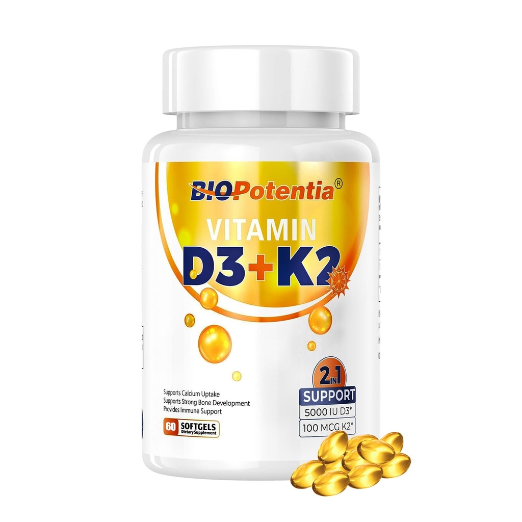 Vitamin D3 K2 with MCT Oil Supplement, Vitamin D3 5000 IU & K2 100MCG (MK7), Supports Bone & Teeth & Immune Health - Gluten Free Non-GMO - 60 Softgels